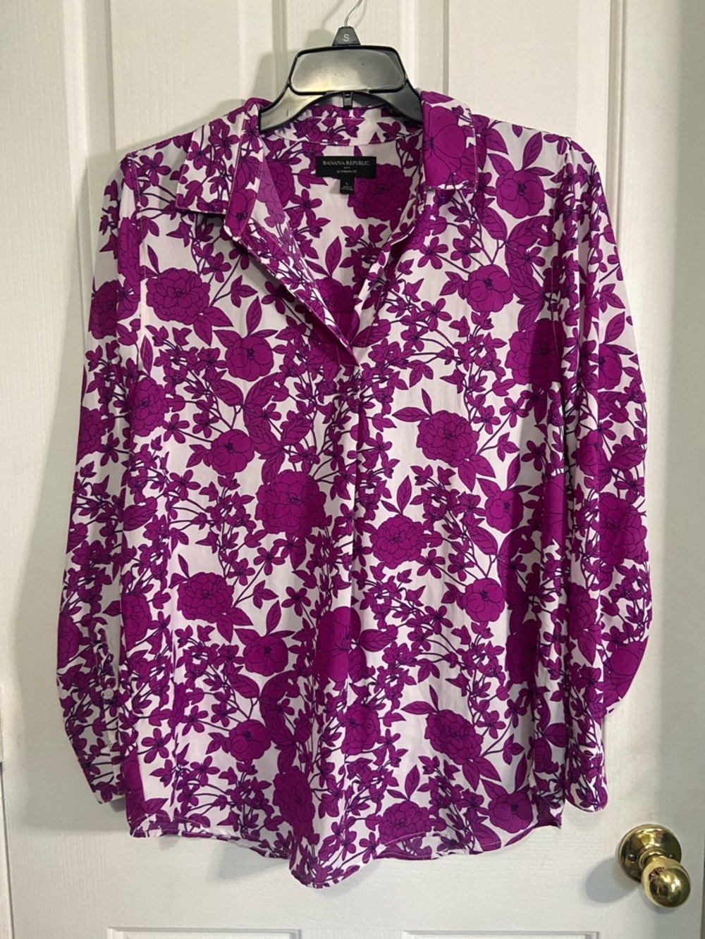Banana Republic White Blouse with Magenta Floral Print